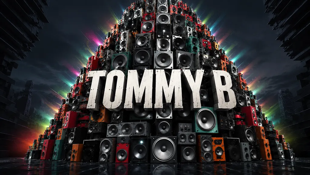 Tommy B: a tower of stacked speaker cabinets lit by stage light